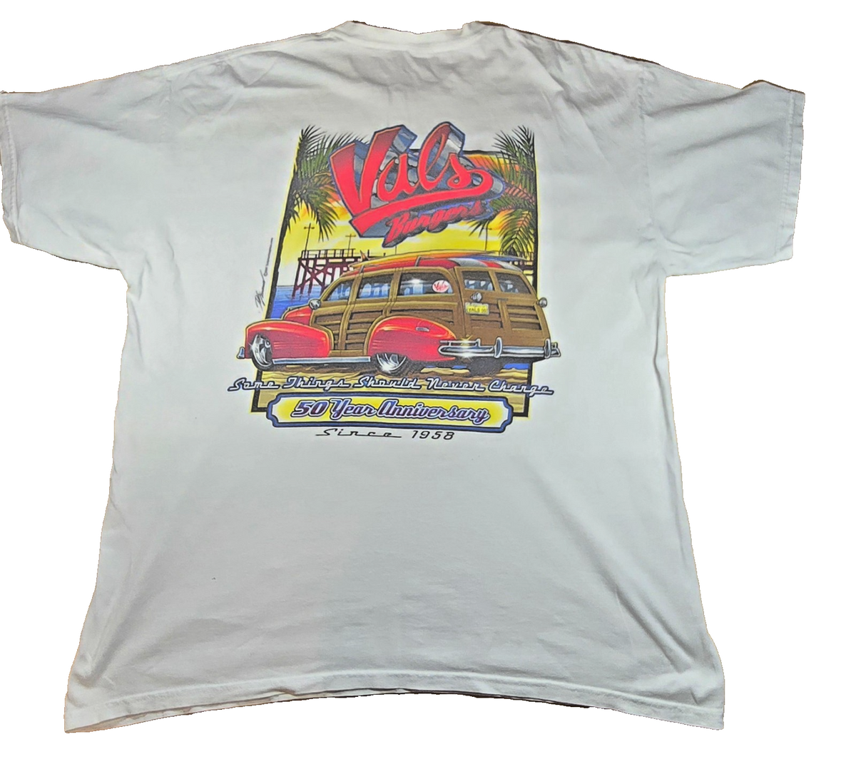 Vals Burgers 50th Anniversary T Shirt L Classic Car Woody Surf Hot Rod Retro Te