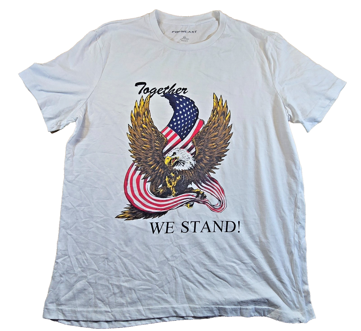 Fourcast USA T Shirt XL White Bald Eagle American Flag Together We Stand Tee