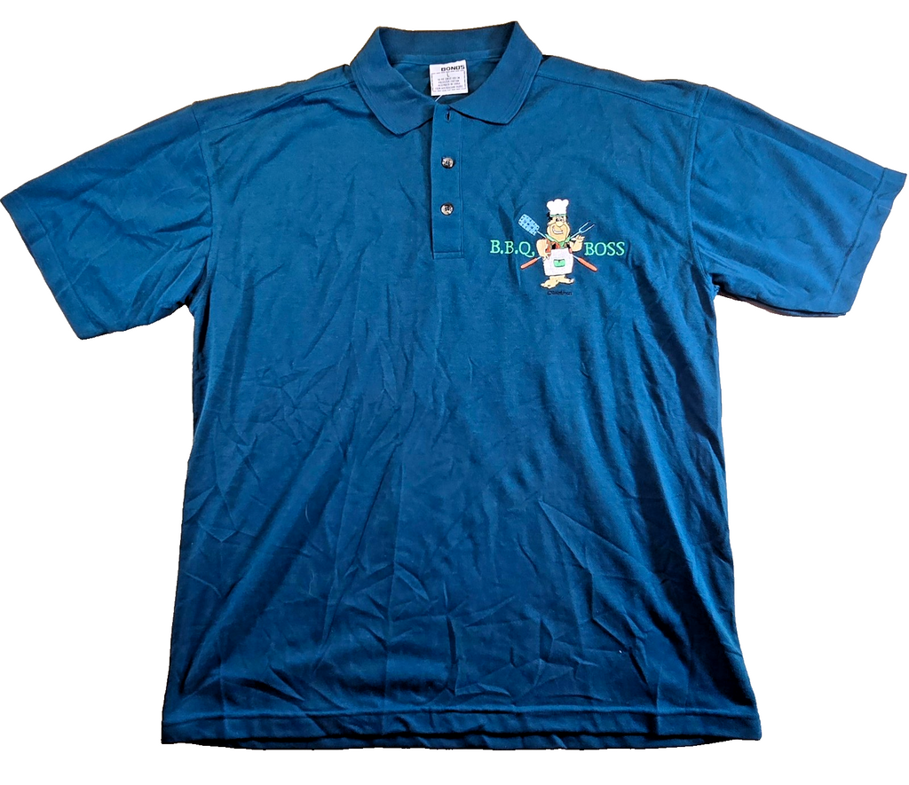 Bonds BBQ Boss Polo Shirt Large L Blue Barbecue Chef Licensed Graphic NWT