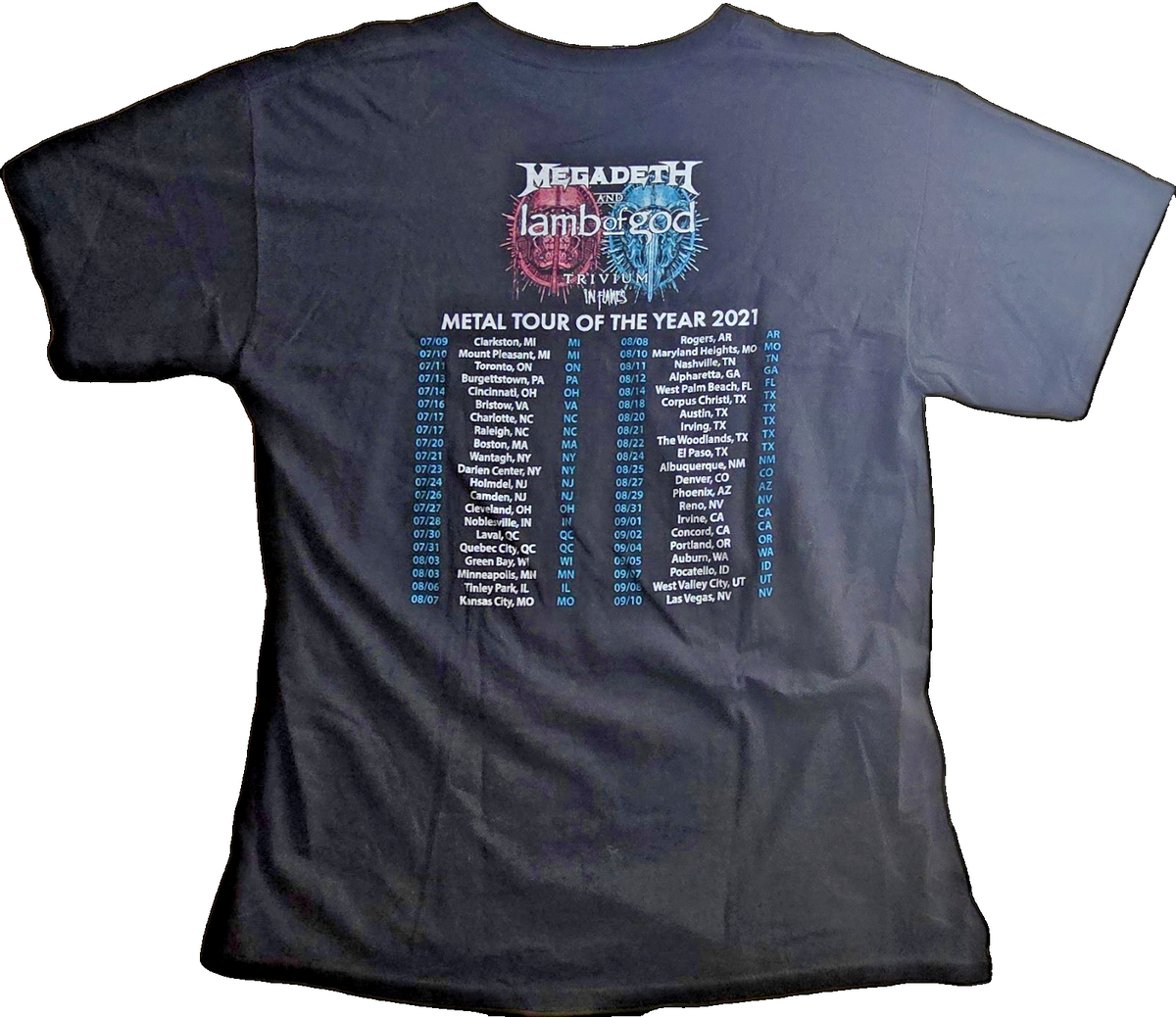 Gildan Megadeth Lamb of God Metal Tour 2021 Double-Sided Black T-Shirt XL