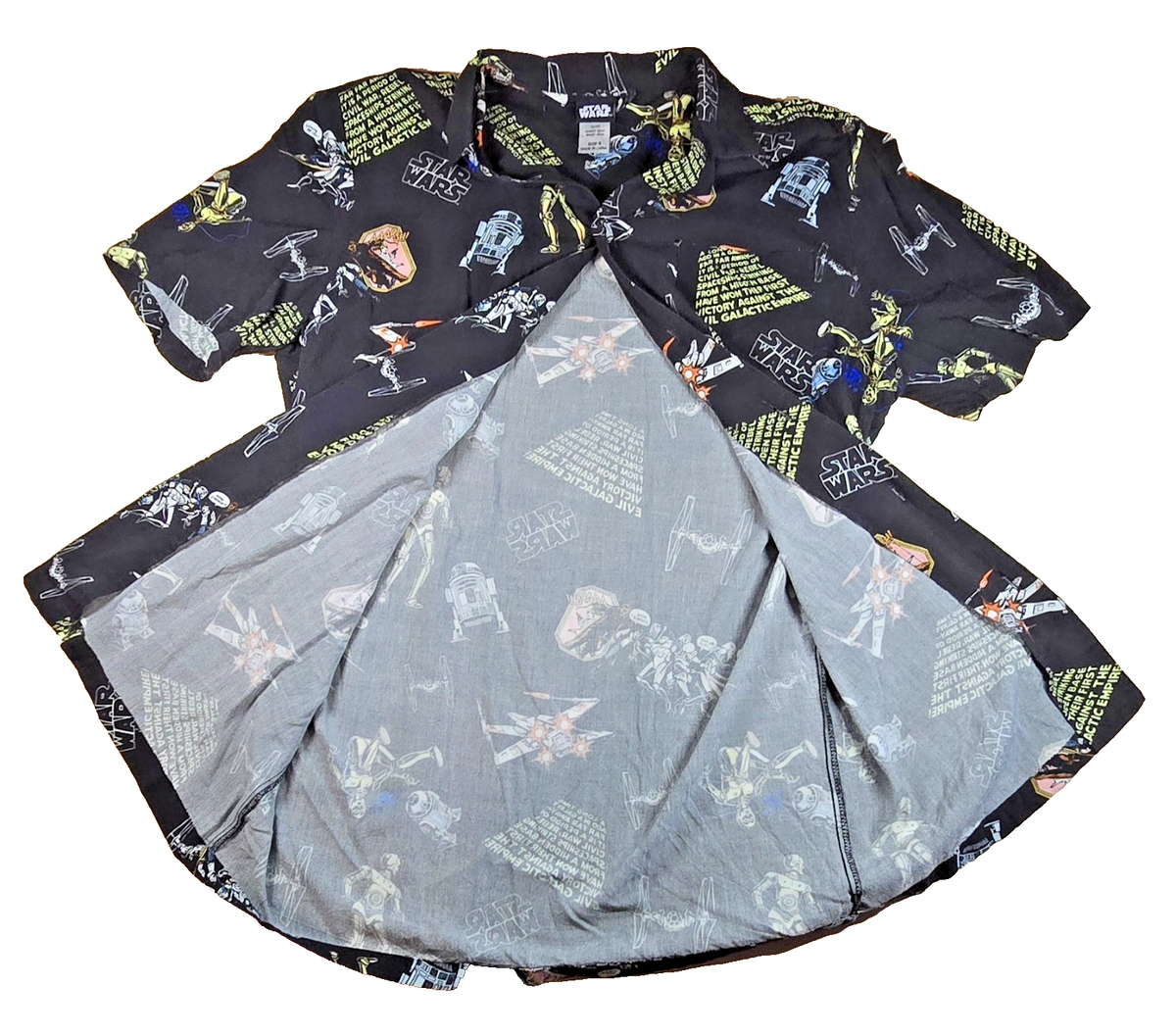 Star Wars Button Up Shirt Small S R2-D2 C-3PO Yoda TIE Fighter All Over Print