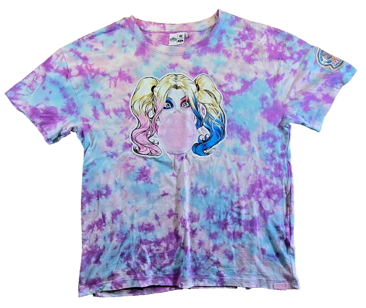 DC Harley Quinn T Shirt Womens Tie Dye Pink Blue Bubble Gum Batman Tee