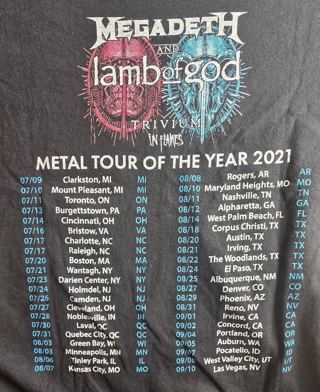 Gildan Megadeth Lamb of God Metal Tour 2021 Double-Sided Black T-Shirt XL