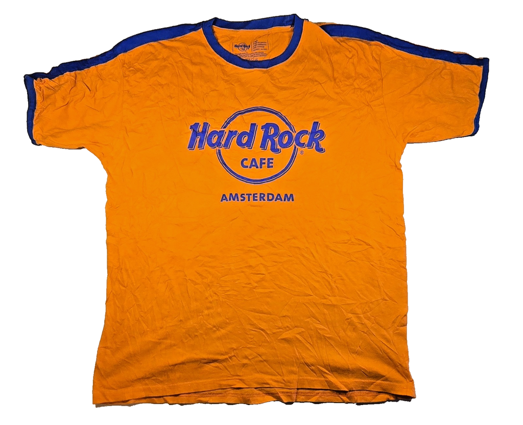 Hard Rock Cafe Amsterdam T Shirt Large Orange Blue Logo Netherlands Souvenir Tee