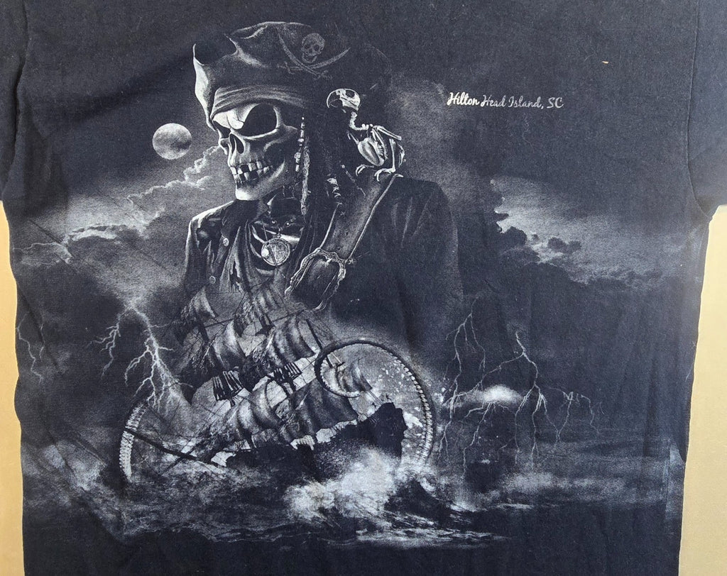 Gildan Pirate Skeleton T Shirt Large L Black Hilton Head Island SC Graphic Tee