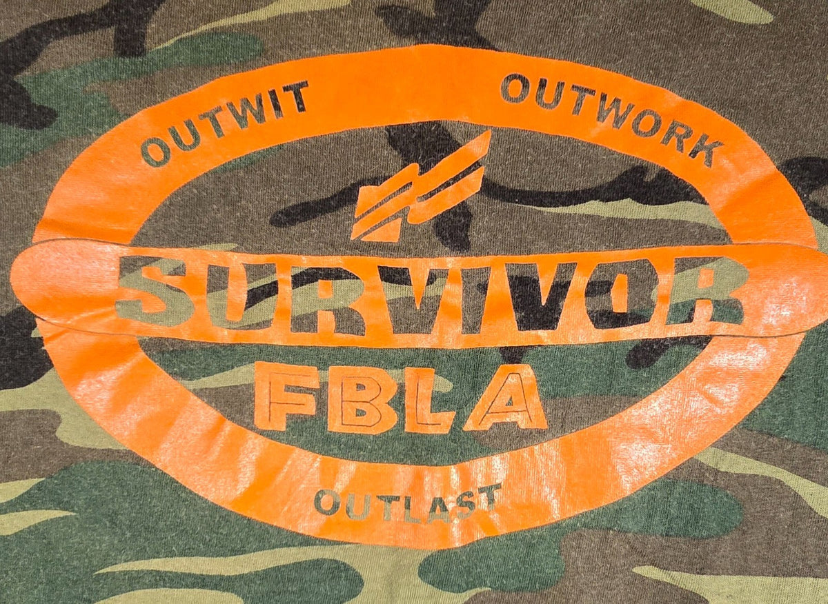 Vintage Survivor FBLA Camo T Shirt Single Stitch Camouflage Graphic Tee Retro LG