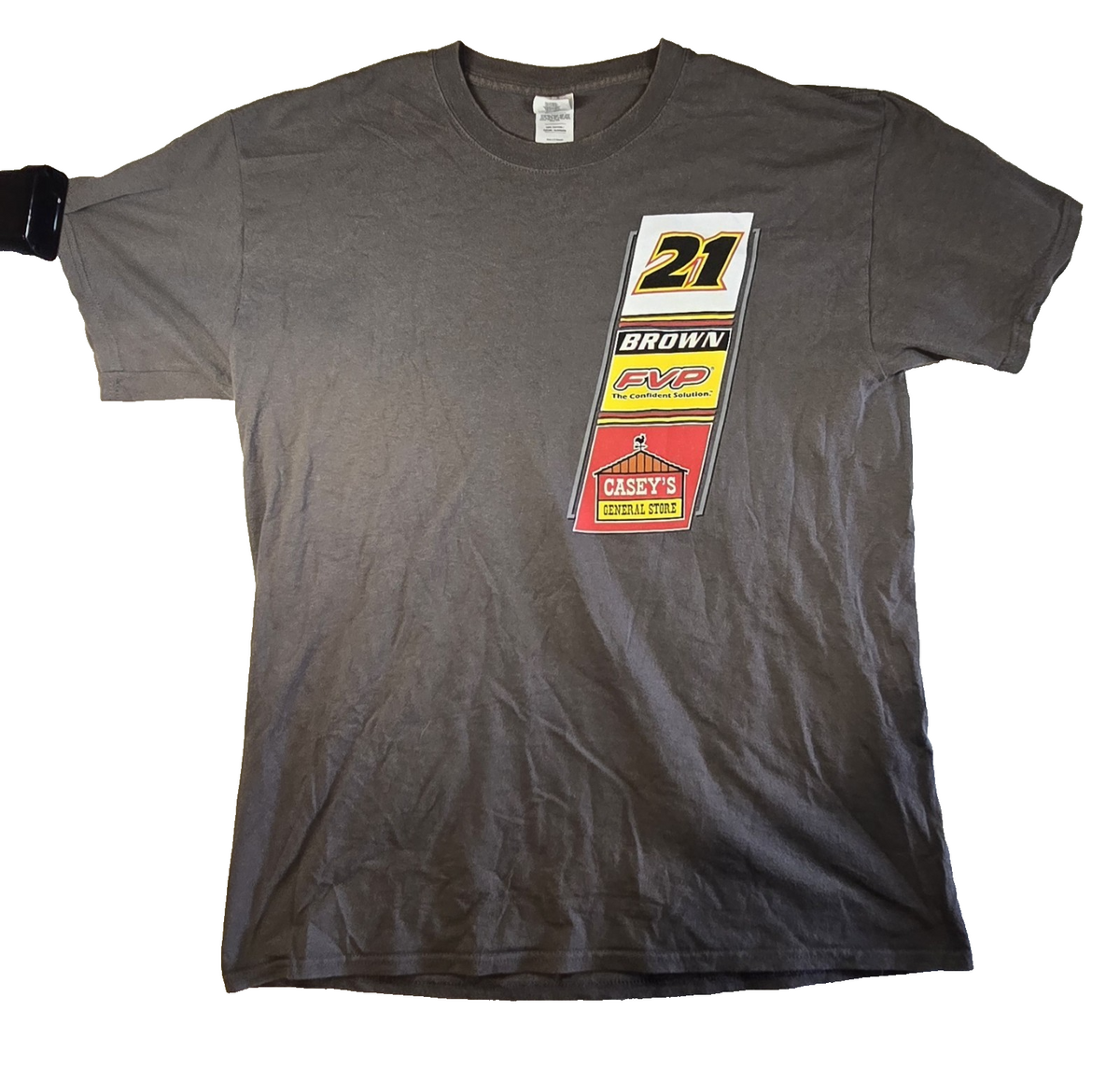 Gildan Ultra Cotton Grey Cotton Motor Racing Shirt Size L "21 Brown" FVP Casey's