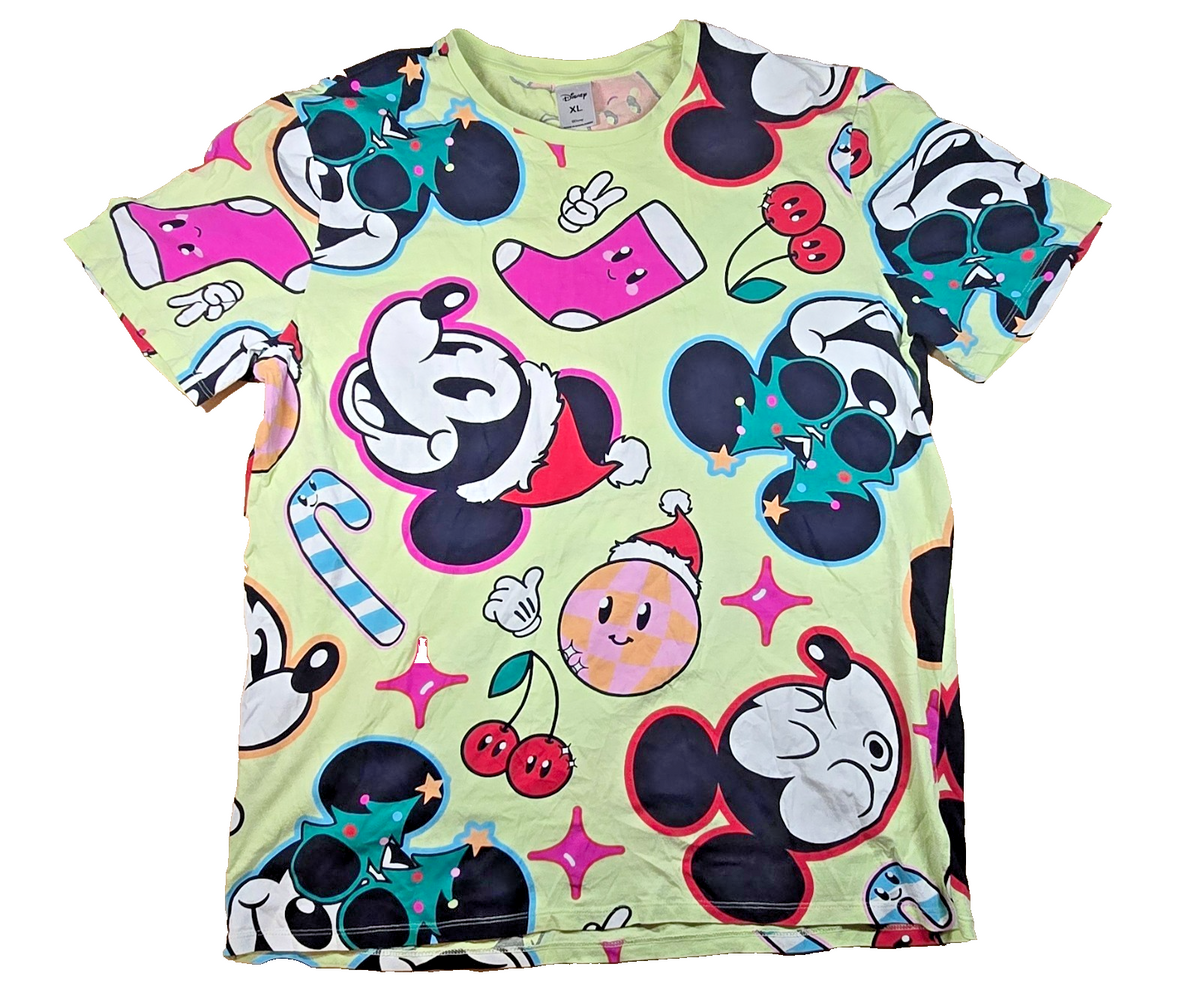 Disney Mickey Mouse Christmas T-Shirt Xmas All Over Print Colourful Size XL