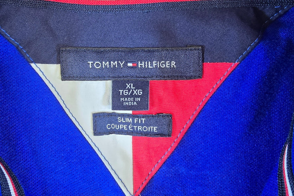 Tommy Hilfiger Polo Shirt XL Slim Fit Blue Navy White Colour Block Mens