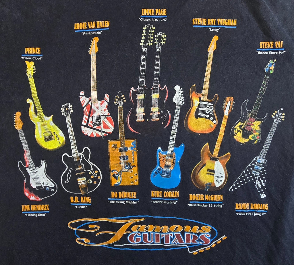 Famous Guitars T Shirt Medium Black Hendrix Prince Cobain Van Halen Rock Music M