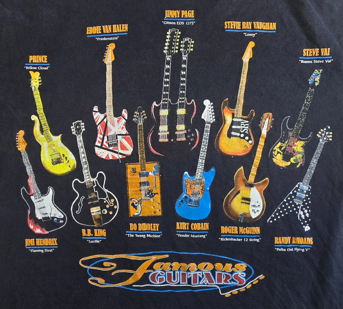 Famous Guitars T Shirt Medium Black Hendrix Prince Cobain Van Halen Rock Music M
