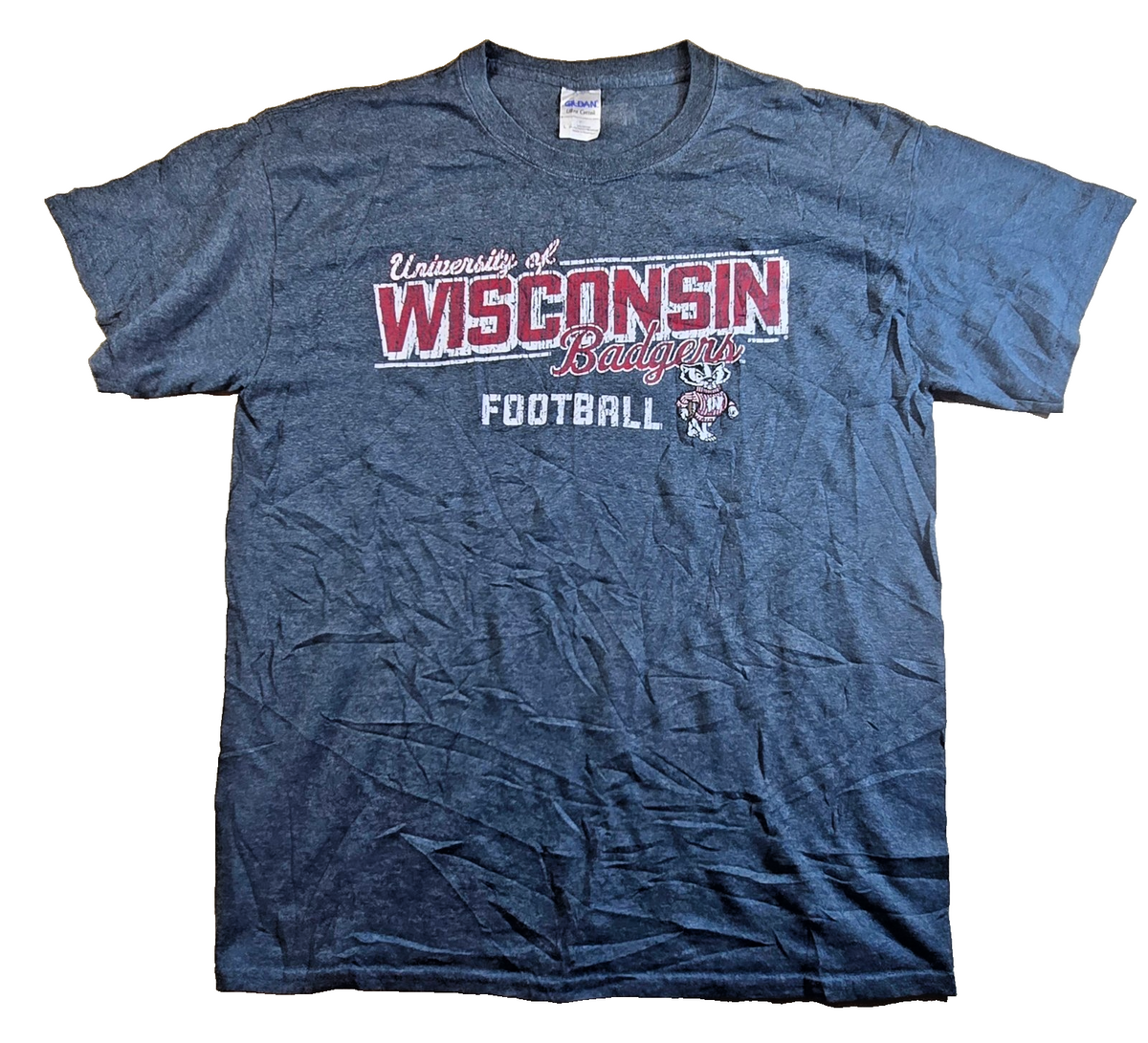 Wisconsin Badgers Football T Shirt Large L Gildan Grey NCAA College USA Tee