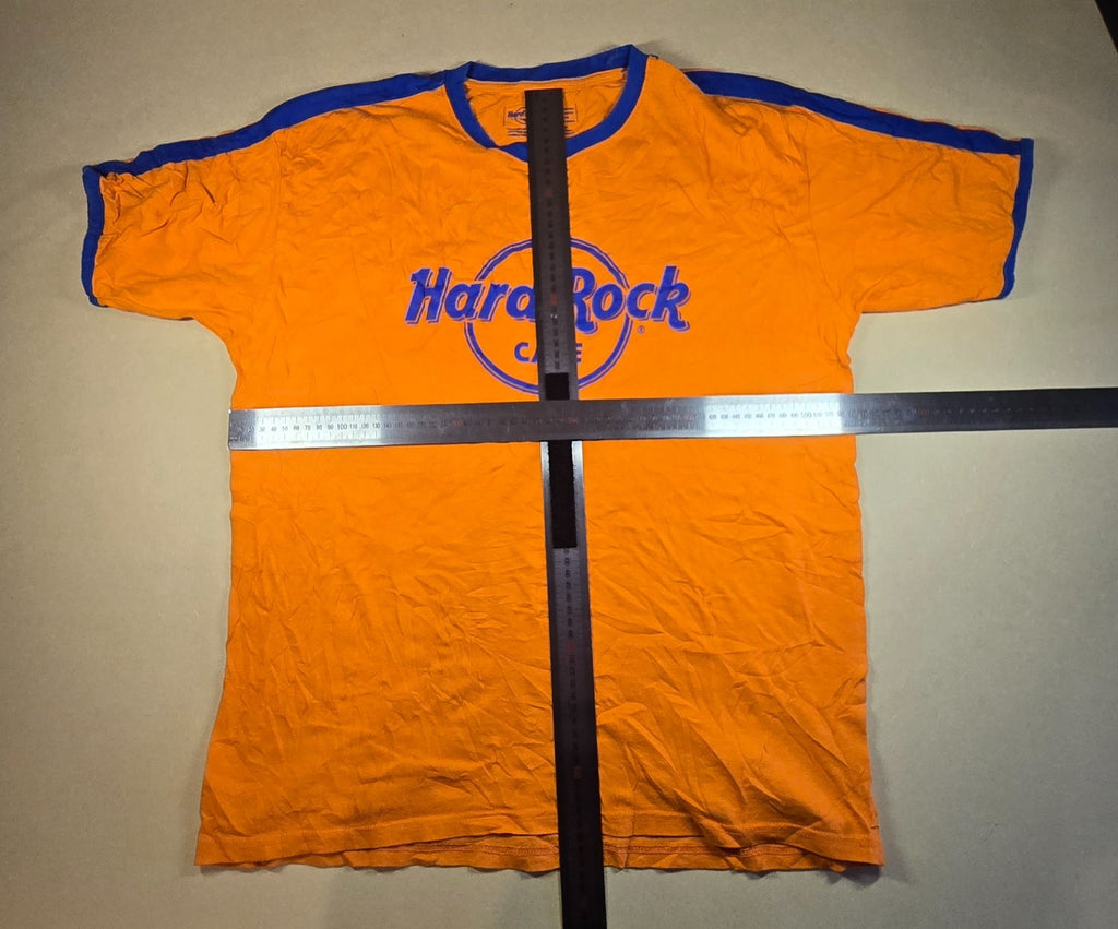 Hard Rock Cafe Amsterdam T Shirt Large Orange Blue Logo Netherlands Souvenir Tee