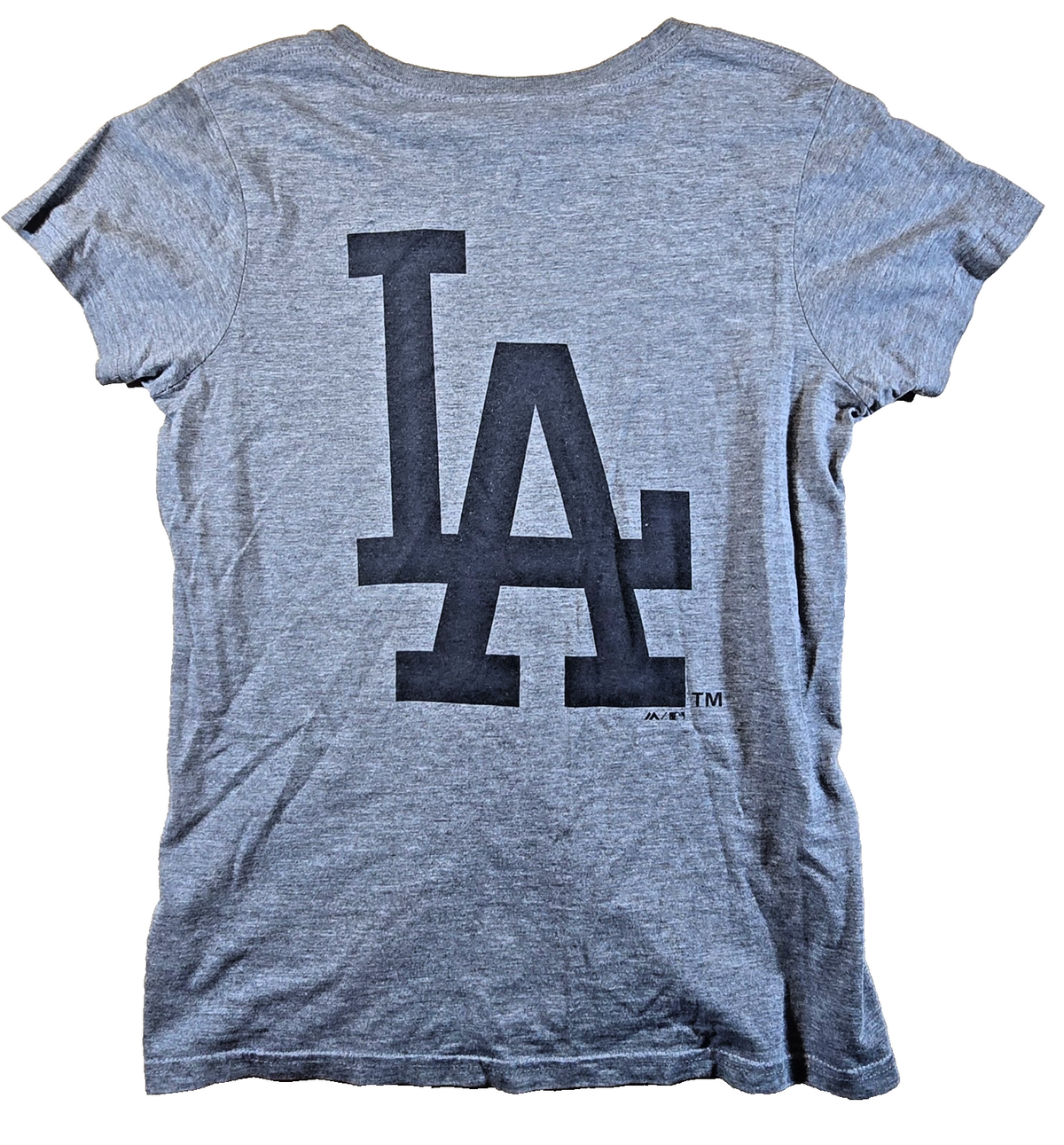 LA Dodgers T Shirt Small S Grey Majestic MLB Baseball Double Sided Logo Tee