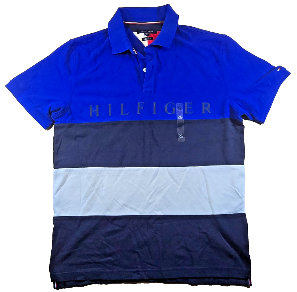 Tommy Hilfiger Polo Shirt XL Slim Fit Blue Navy White Colour Block Mens
