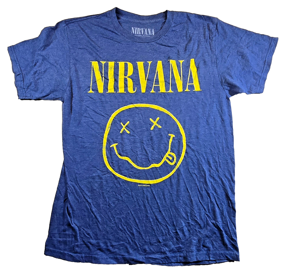 Nirvana T Shirt Medium M Blue Smiley Face Logo Grunge Rock Band 2016 Cotton