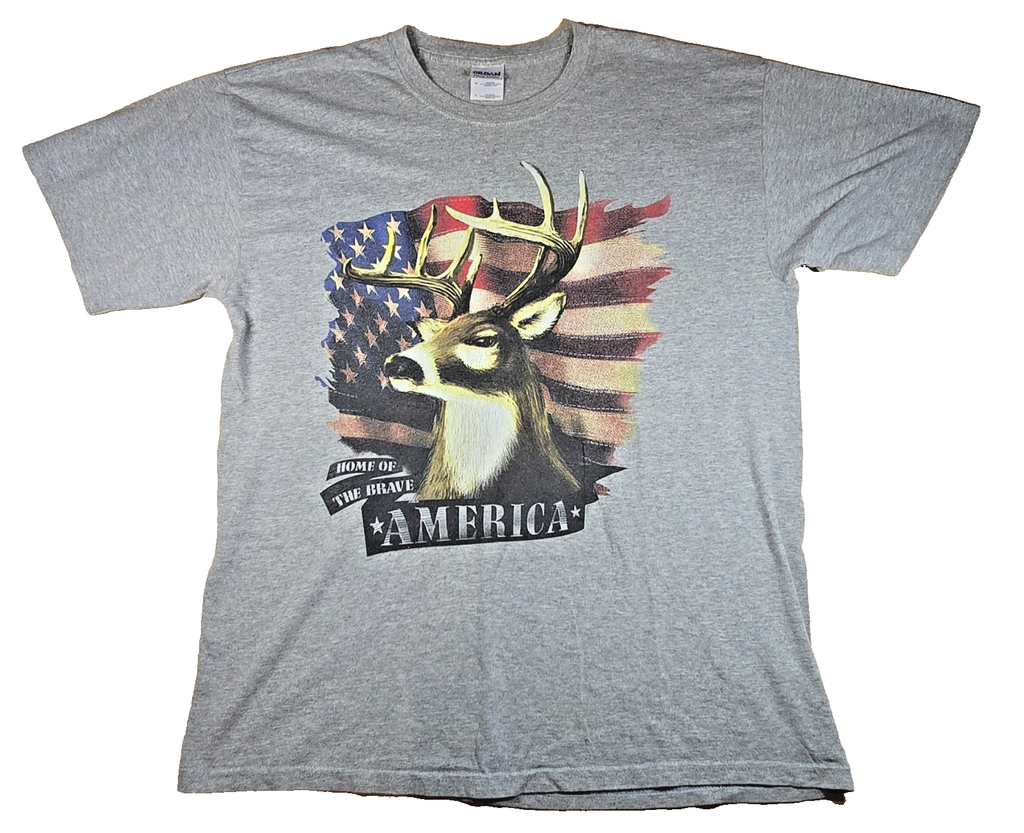 Gildan Heavy Cotton Deer Buck American Flag T Shirt Large L Hunting USA Tee
