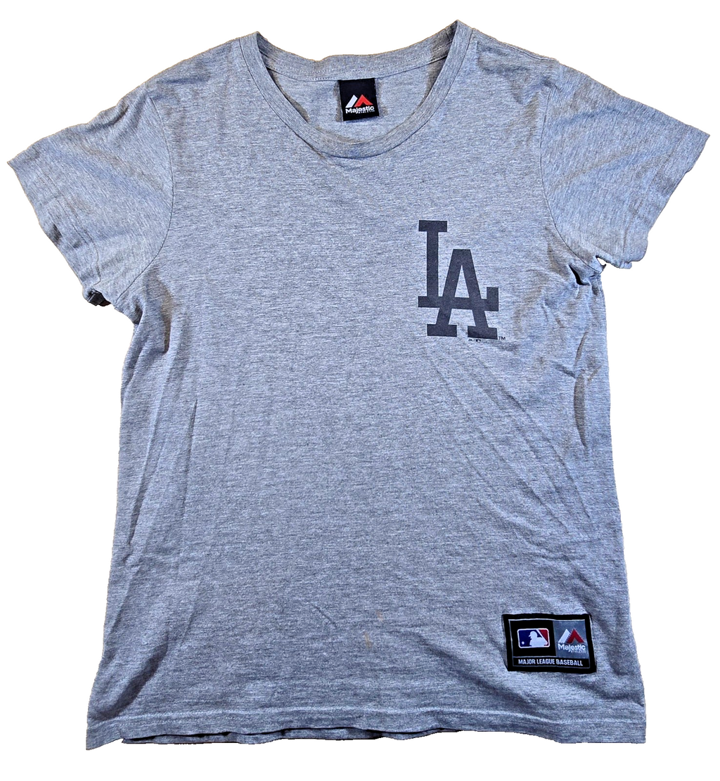 LA Dodgers T Shirt Small S Grey Majestic MLB Baseball Double Sided Logo Tee
