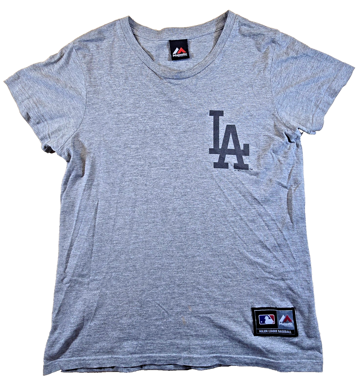 LA Dodgers T Shirt Small S Grey Majestic MLB Baseball Double Sided Logo Tee