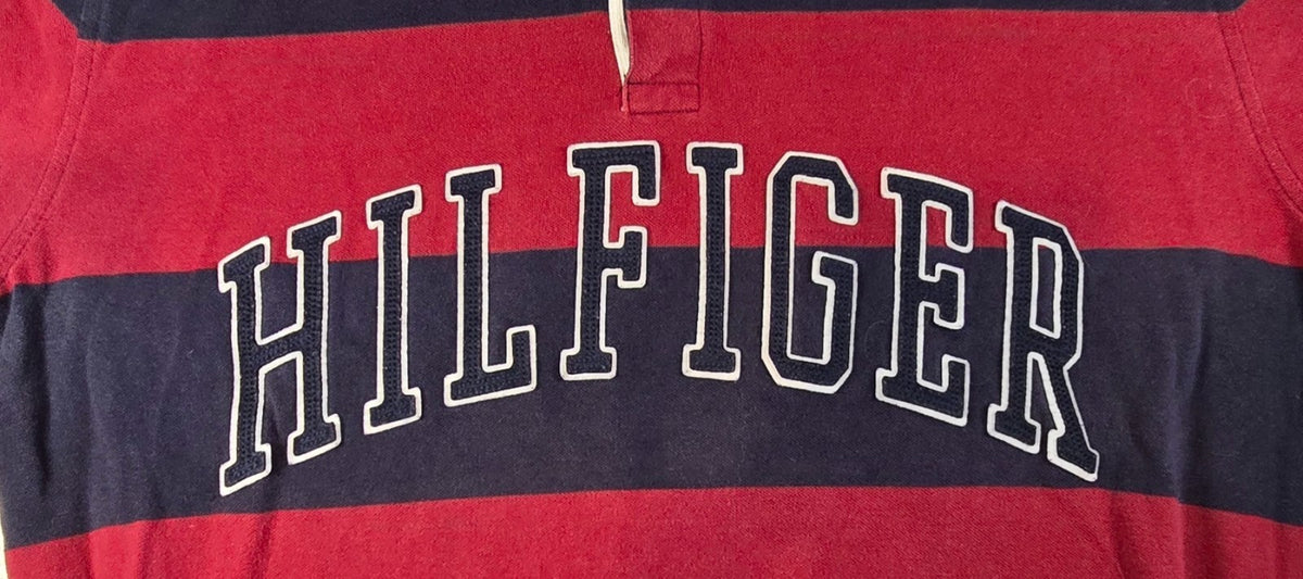 Tommy Hilfiger Rugby Shirt Men's Red Navy Striped Long Sleeve Spellout Polo XL