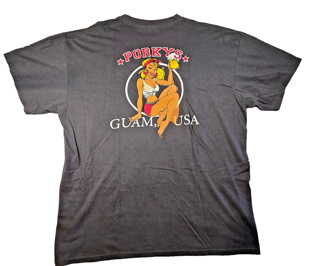 Porkys Guam USA T-Shirt Mens XL Pin Up Girl Beer Graphic Port Company 100% Cotto