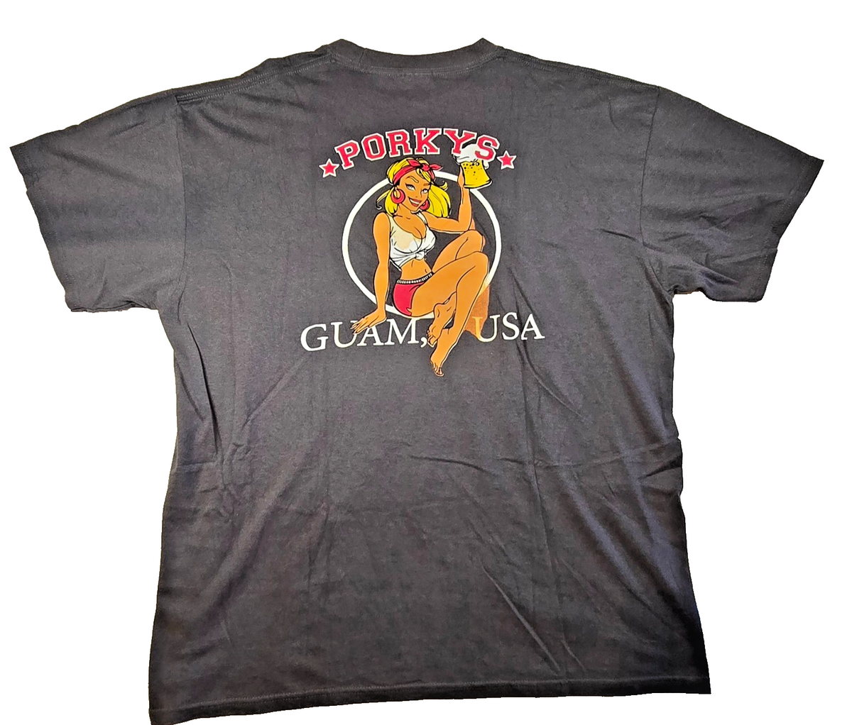 Porkys Guam USA T-Shirt Mens XL Pin Up Girl Beer Graphic Port Company 100% Cotto