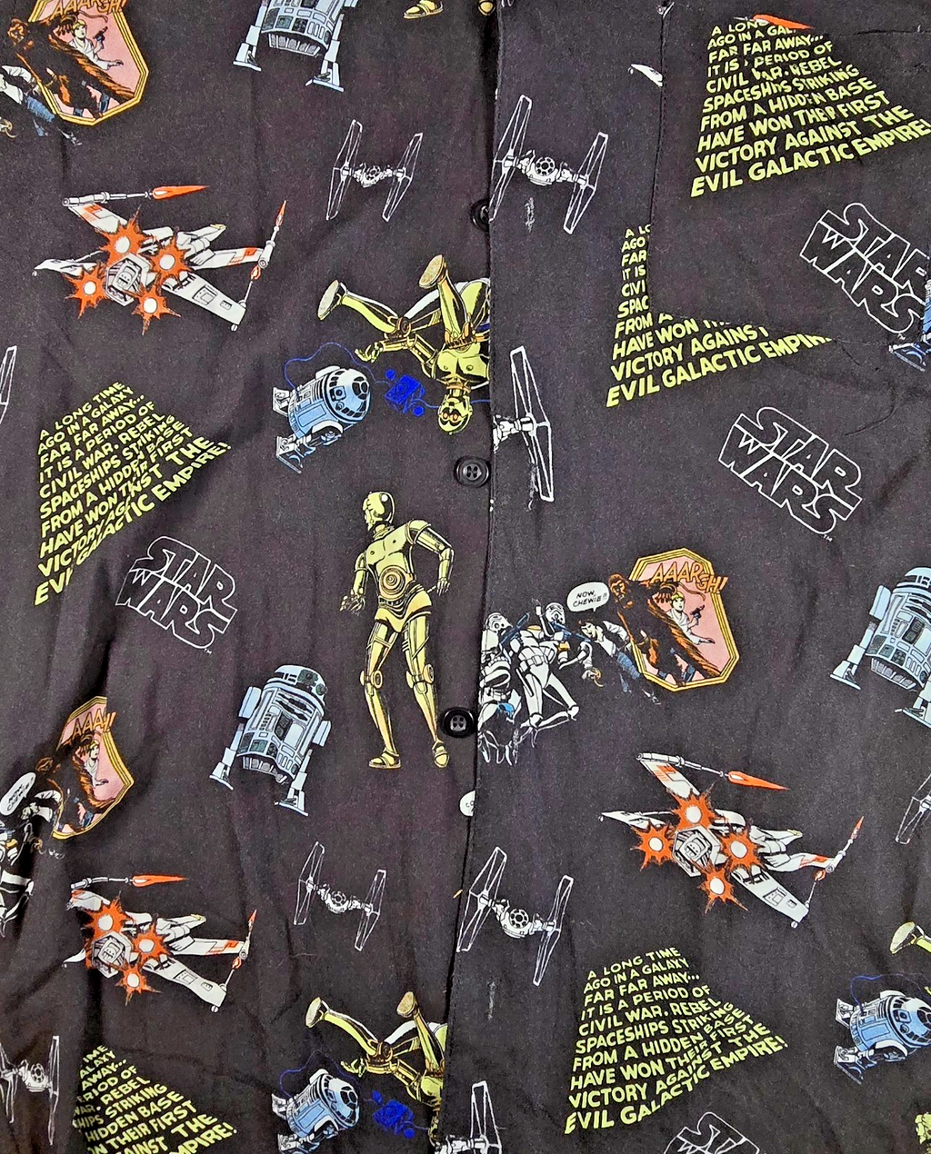 Star Wars Button Up Shirt Small S R2-D2 C-3PO Yoda TIE Fighter All Over Print