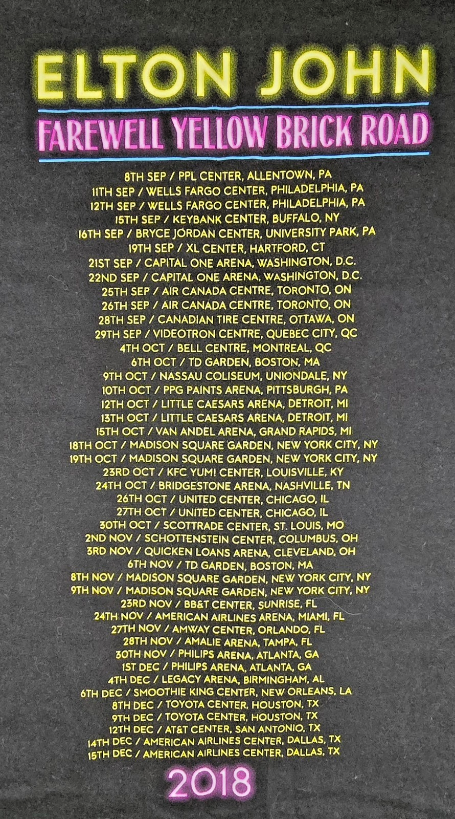 Elton John Farewell Yellow Brick Road 2018 Tour T Shirt Black XL Concert Music T