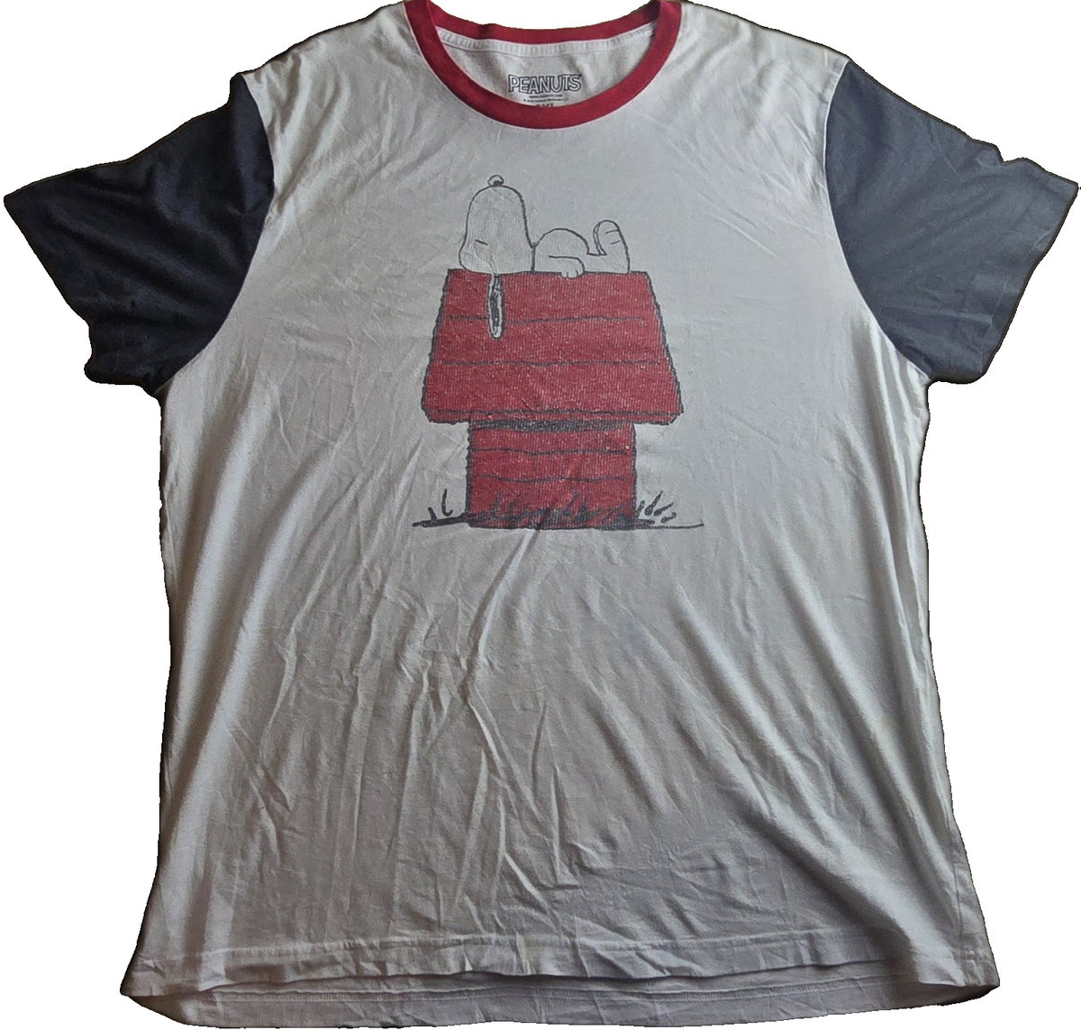 Peanuts Men's Snoopy Graphic Ringer T-Shirt White/Red/Grey Crew Neck 2XL