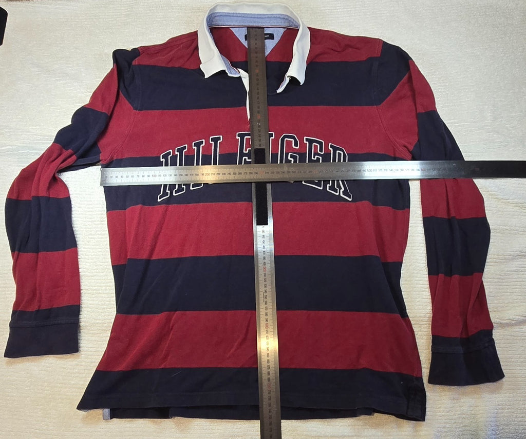 Tommy Hilfiger Rugby Shirt Men's Red Navy Striped Long Sleeve Spellout Polo XL