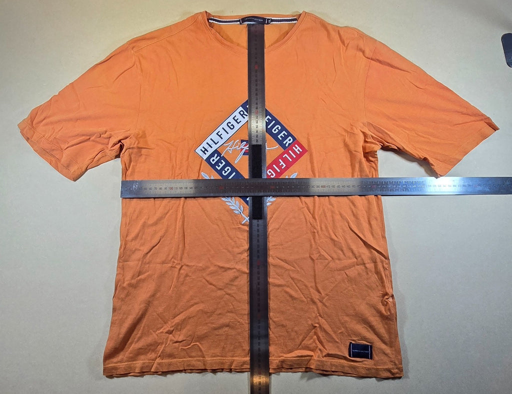 Tommy Hilfiger T Shirt XL Orange Logo Graphic Flag Spellout Mens Tee