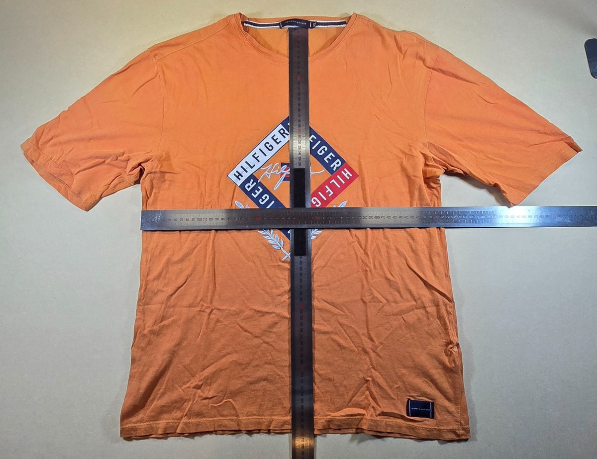 Tommy Hilfiger T Shirt XL Orange Logo Graphic Flag Spellout Mens Tee