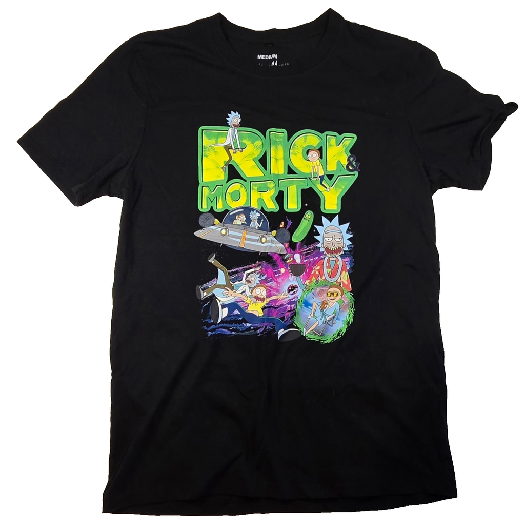 Rick and Morty T-Shirt Mens Medium Black Cartoon Graphic Tee Adult Swim Cotton